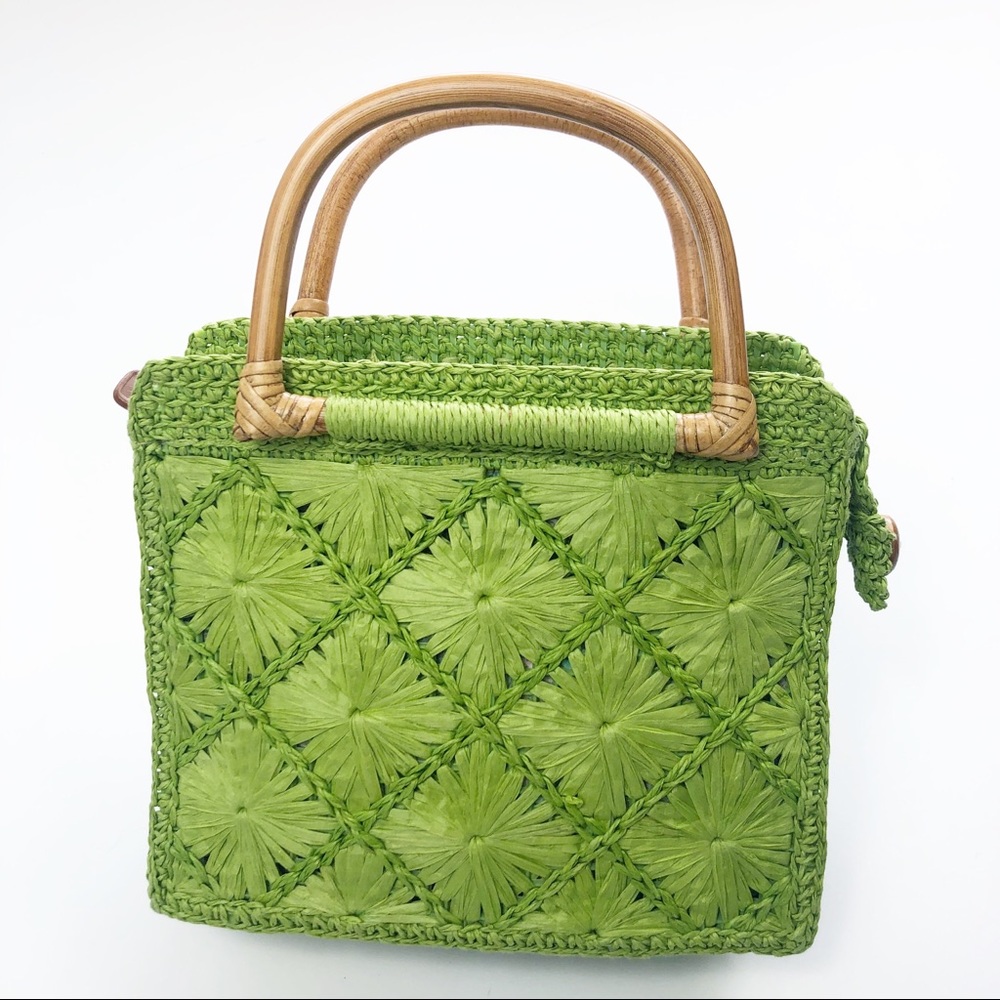 FOSSIL GREEN straw woven wicker bag bamboo straps